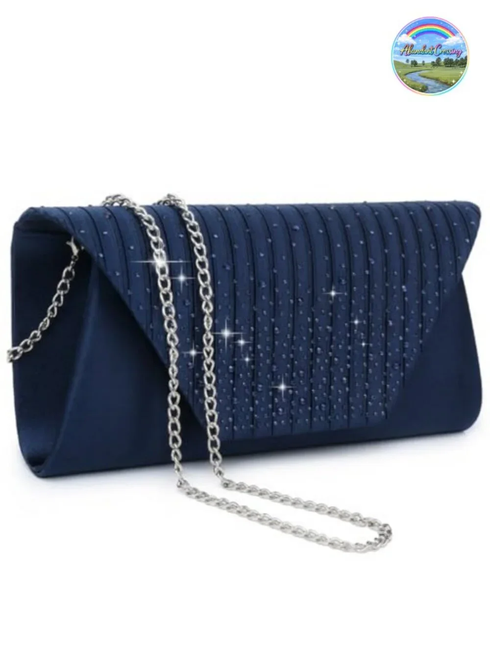Satin Envelope Clutch Evening Bag with Chain Strap, Rhinestone Decoration,